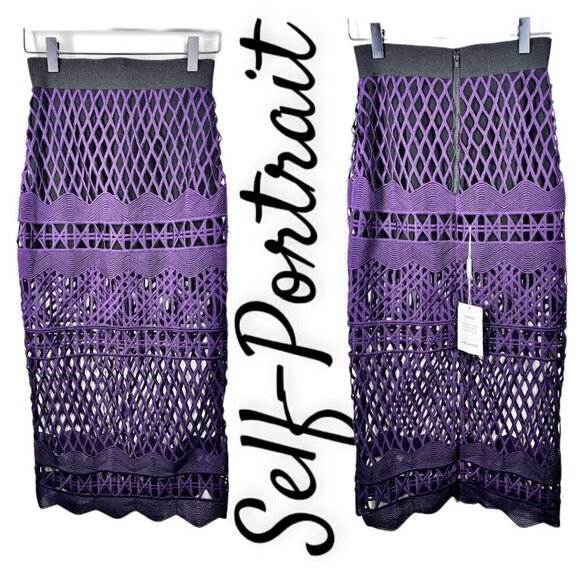NWT Self-Portrait Cutwork Lace Pencil Skirt in Deep Purple & Black, Size 0 - Picture 6 of 12